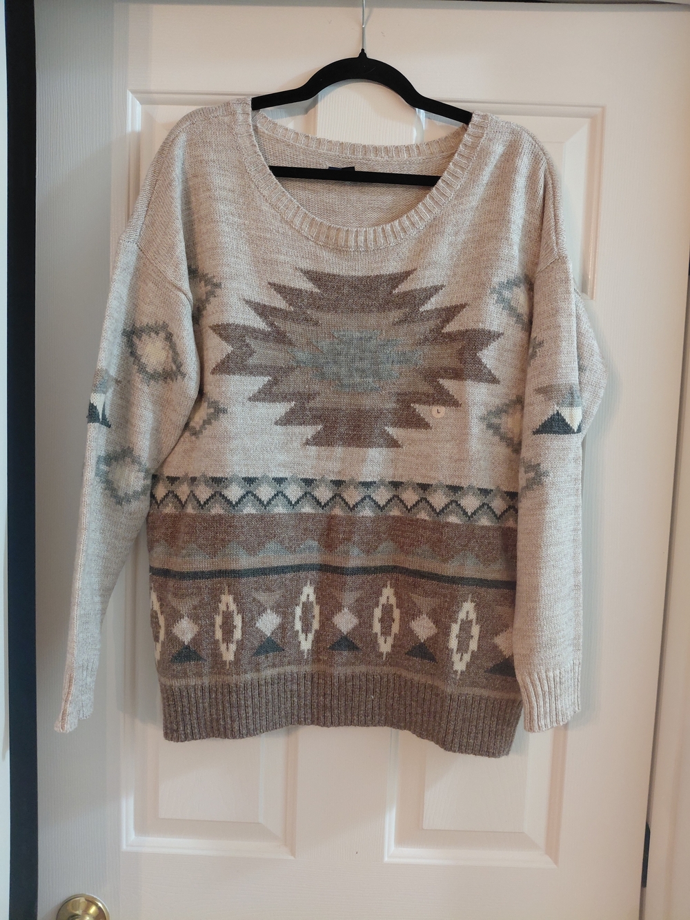 American Eagle Outfitters Neutral Aztec Scoop Neck Sweater with Blue Accents
